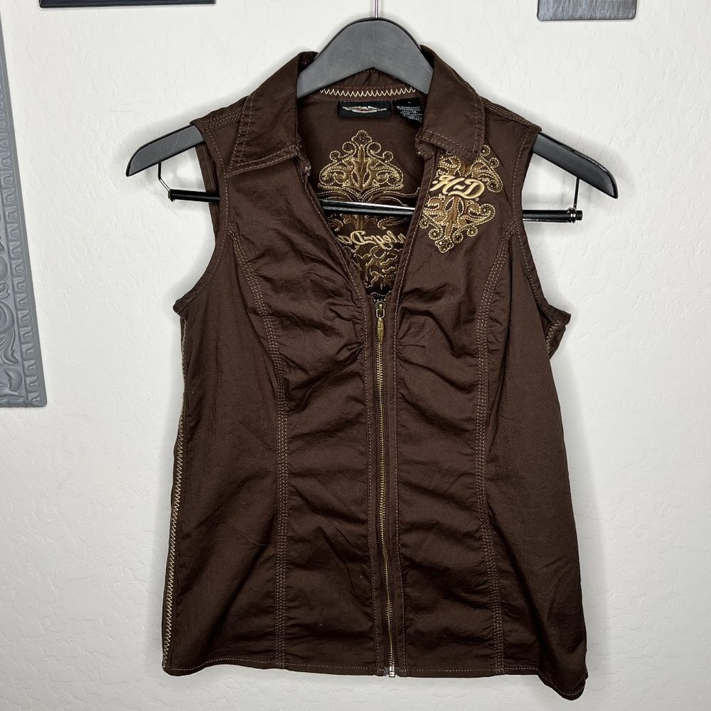 Embroidered Sleeveless Brown Top | Front Zipper | Size Small